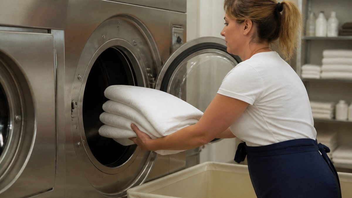 A person loading a folded white polyester tablecloth into a commercial washing machine in a bright utility room