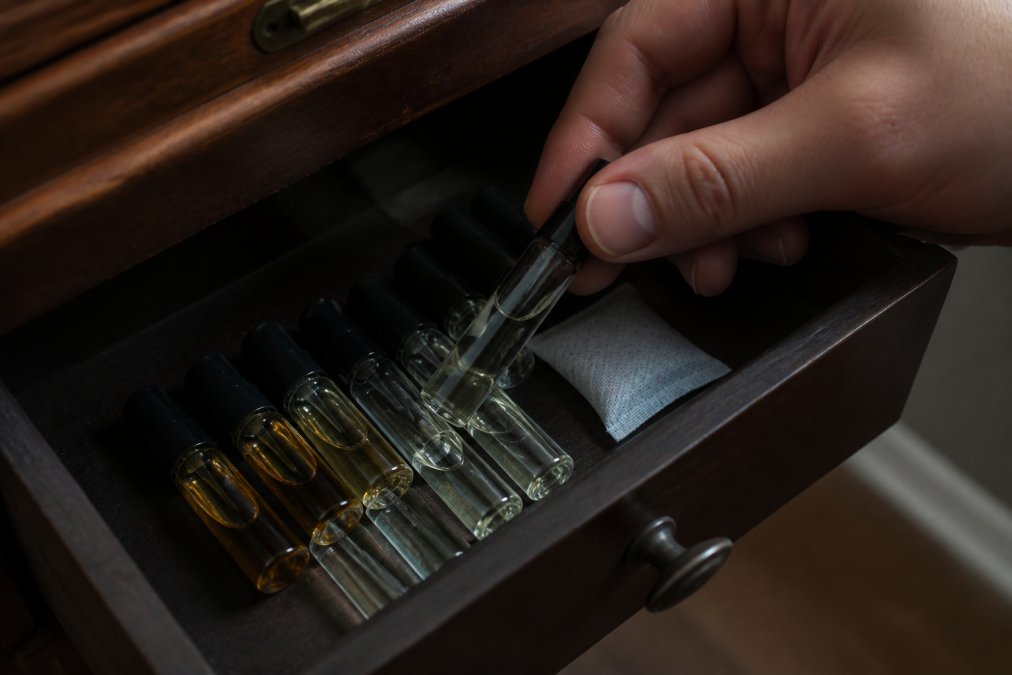 A close-up of several small glass perfume decant vials arranged in a dark wooden drawer, with a hand gently placing one vial beside a silica gel packet, soft natural light highlighting the amber and clear glass