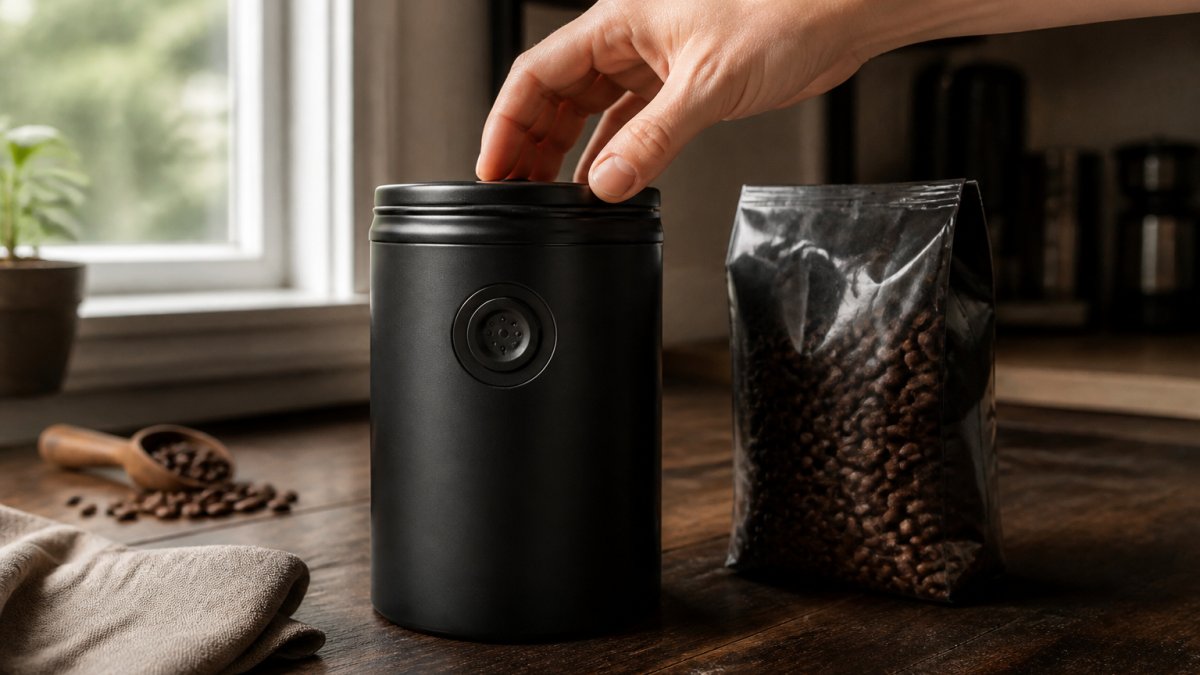 A matte black airtight coffee canister with a one-way valve sitting on a dark wooden kitchen counter, a bag of whole roasted beans beside it, soft morning light through a window, a hand reaching to seal the lid