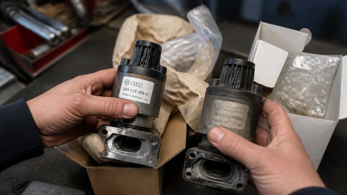 Comparison infographic highlighting differences between authentic automotive components and counterfeit alternatives.