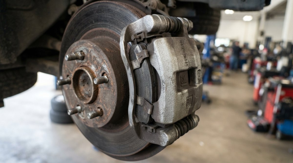Close-up of a brake caliper assembly showing worn brake pads with visible friction material thinning, wear indicator, and brake dust accumulation on the rotor