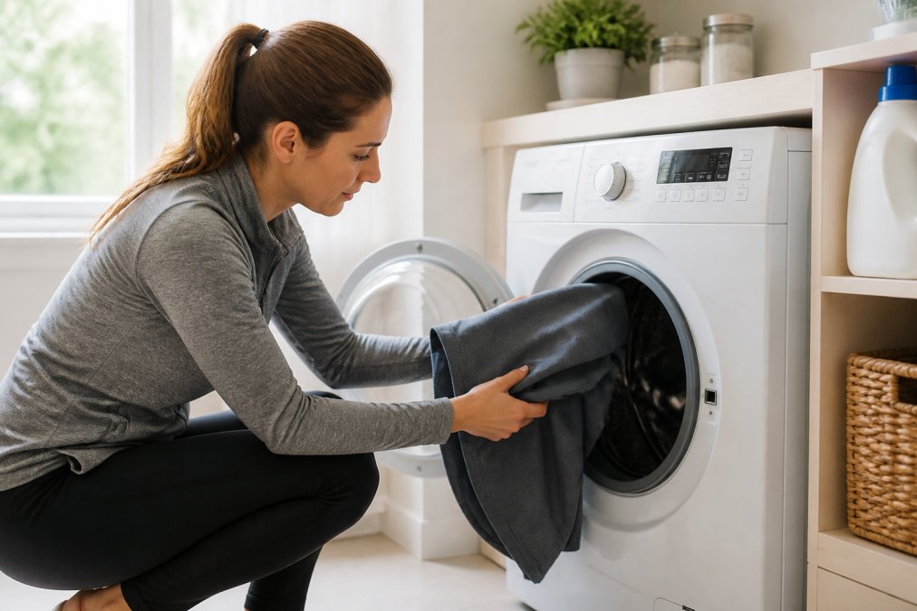 A woman in athletic golf pants carefully placing a pair of performance pants into a front-loading washing machine in a bright laundry room, detergent bottle visible on a shelf, natural light coming through a window