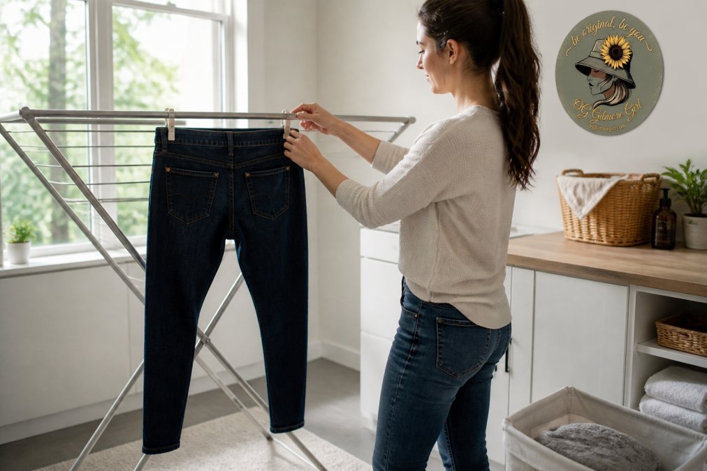 A woman hanging a pair of dark indigo jeans by the waistband on a drying rack in a bright laundry room, air drying instead of using a machine dryer