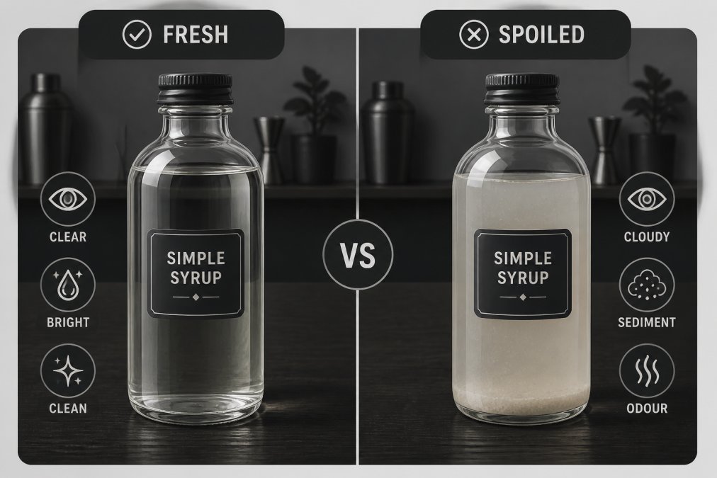 Close-up of two glass bottles with clear homemade syrup and cloudy syrup side by side on a dark wooden bar counter, showing visual contrast in clarity and potential sediment settling at the bottom