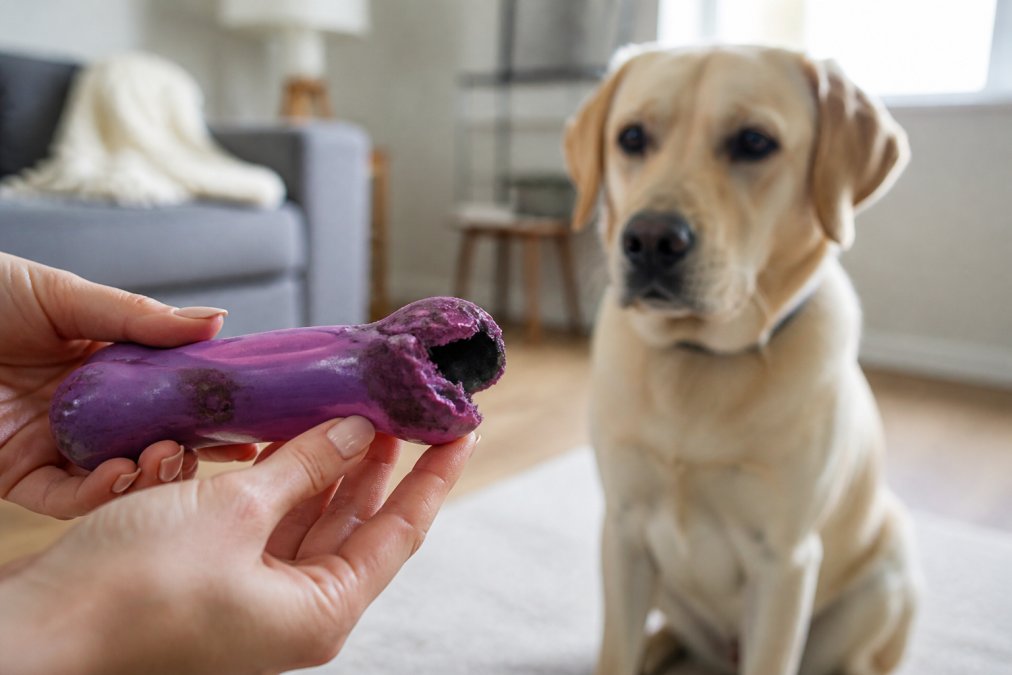 Close-up of a dog owner's hands examining a worn chew toy with visible cracks and torn edges, with a concerned dog watching in the background in a bright living room