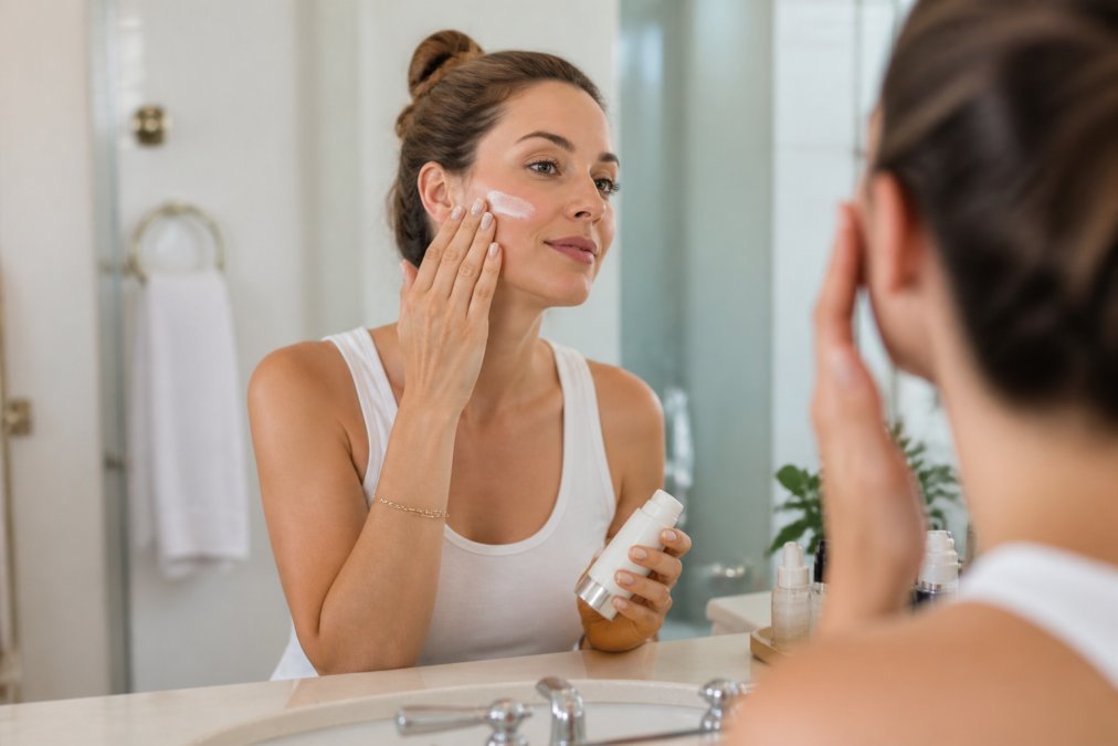 A woman in her late 30s applying SPF sunscreen to her face in a bright, naturally lit bathroom, with clean countertops and skincare products visible in the background, representing daily post-treatment skin protection