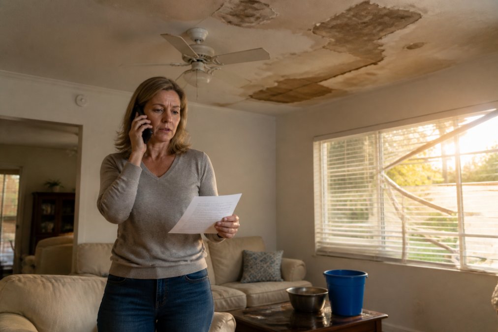 A homeowner in a storm-damaged Florida living room, water-stained ceiling above, holding insurance paperwork and a phone, late afternoon light through broken blinds