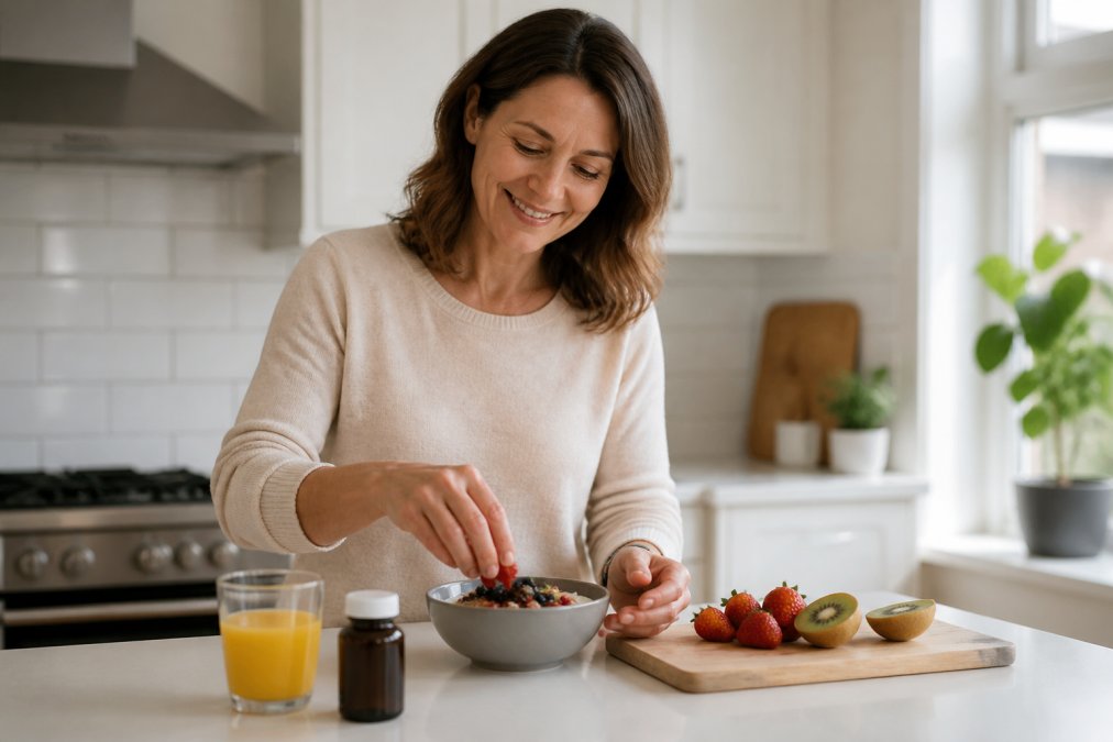 A woman in her 40s looking energised while preparing a healthy breakfast in a bright kitchen, with a glass of orange juice and a supplement bottle on the counter