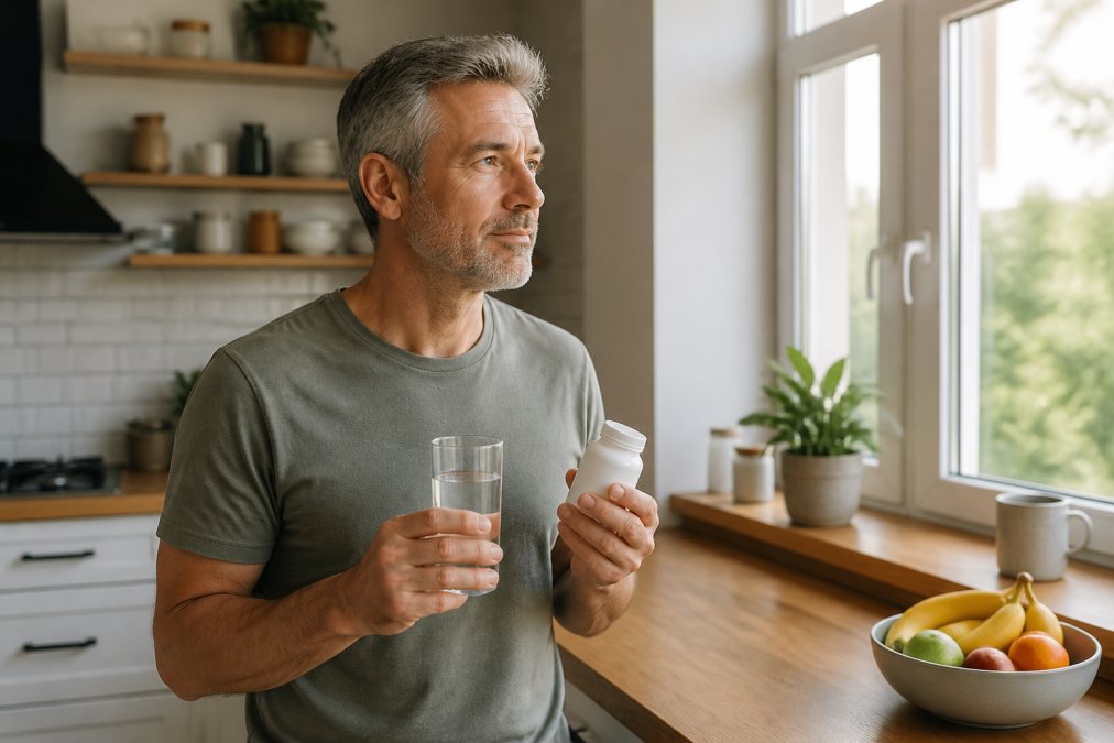 A person in their 50s holding a small bottle of supplement capsules in one hand and a glass of water in the other, standing in a bright kitchen near a window with soft morning light