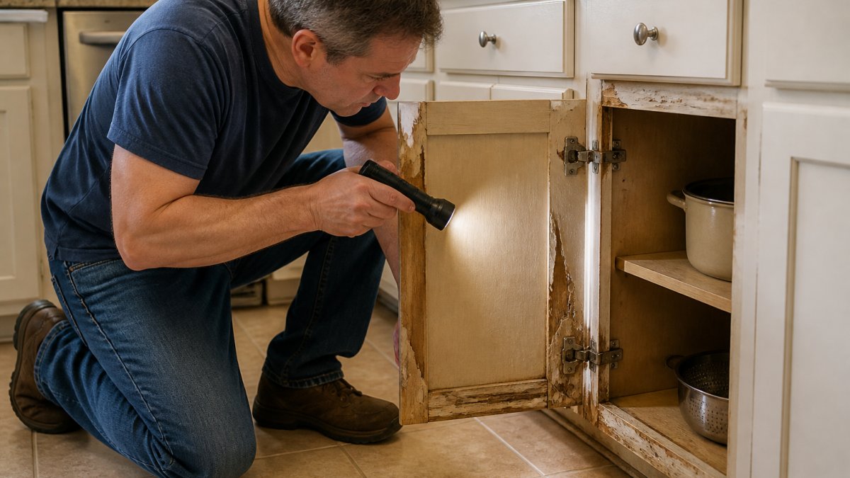 A homeowner kneeling in a kitchen, inspecting the inside of a lower cabinet door with a flashlight, showing worn hinges and peeling finish on the cabinet frame