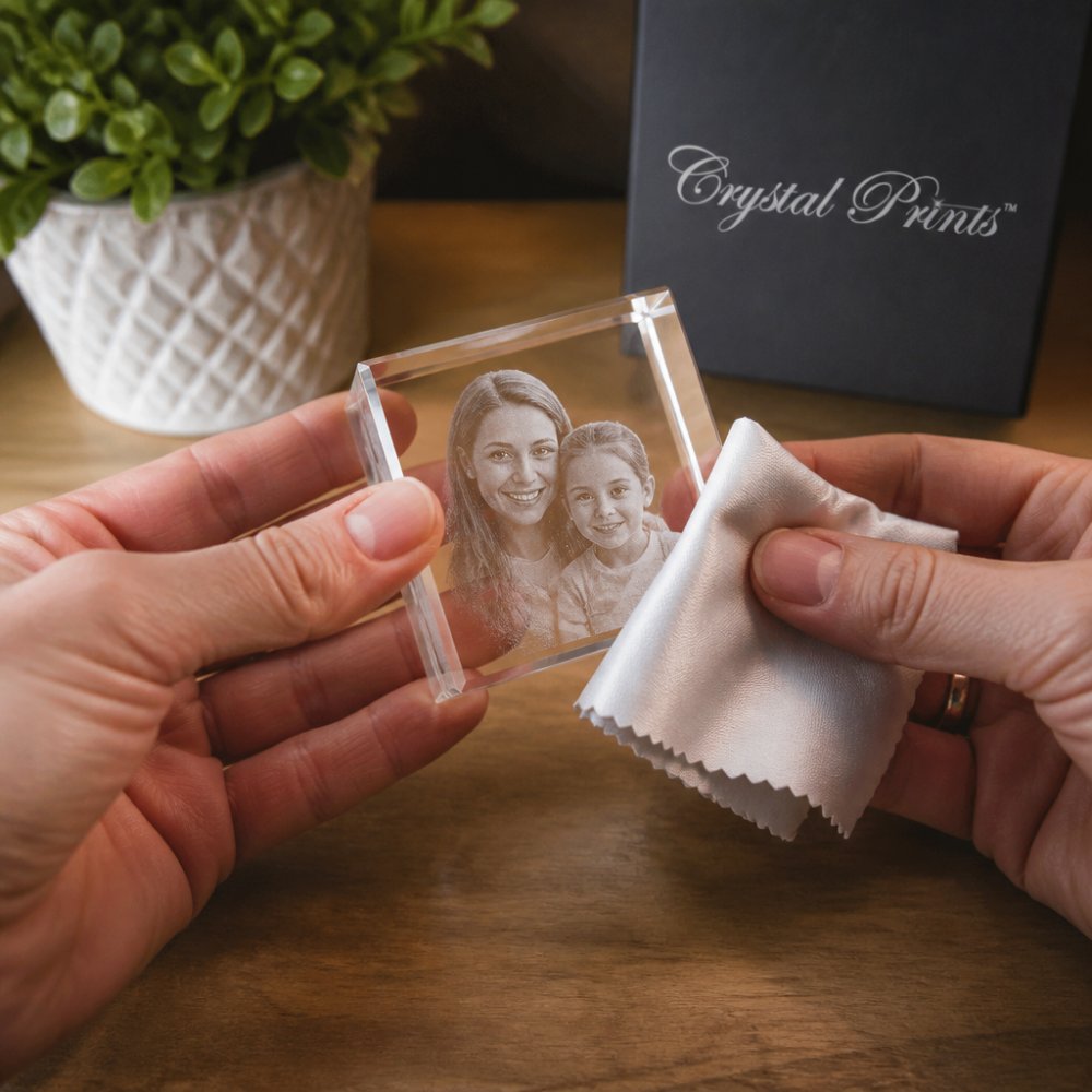 Close-up of hands gently cleaning a 3D laser-engraved crystal keepsake with a soft microfiber cloth, showing proper cleaning technique with warm lighting to highlight the crystal's clarity