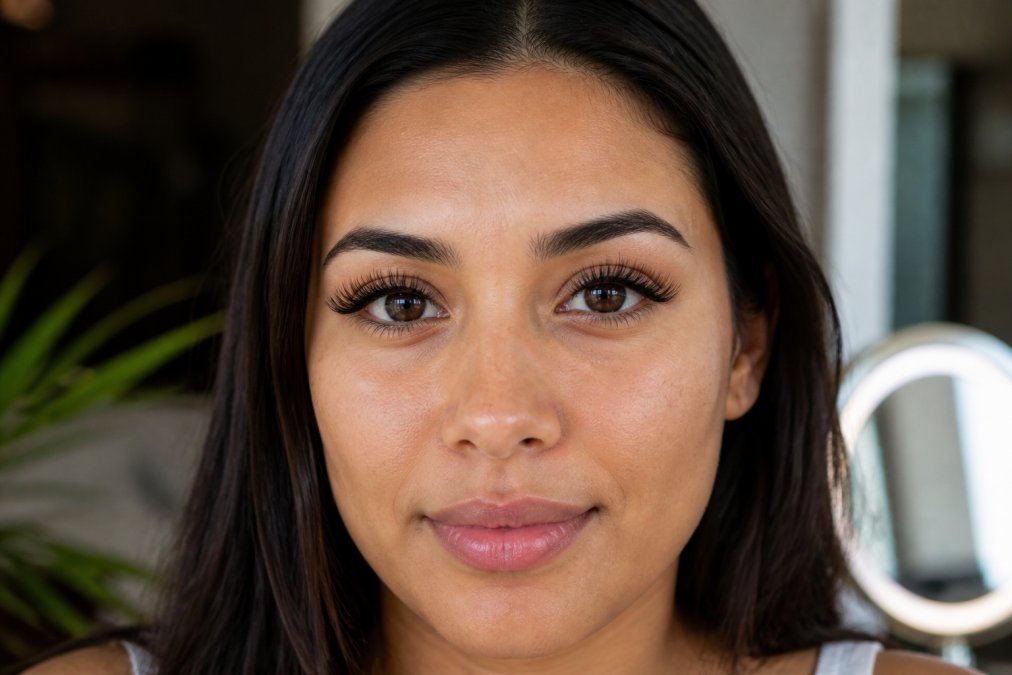 Close-up portrait of a woman with full, natural-looking lash extensions, eyes open and looking forward in soft studio lighting