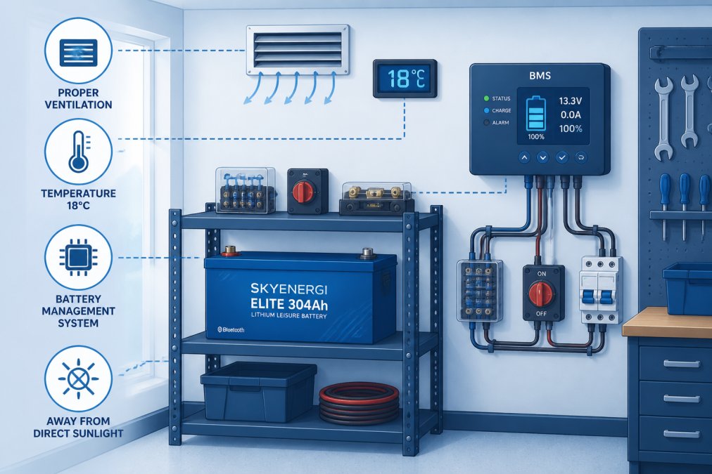 Well-organised battery storage area in a garage workshop showing proper ventilation, a digital temperature display reading 18°C, a battery management system control panel mounted on the wall, and a lithium battery on a secure shelf away from direct sunlight