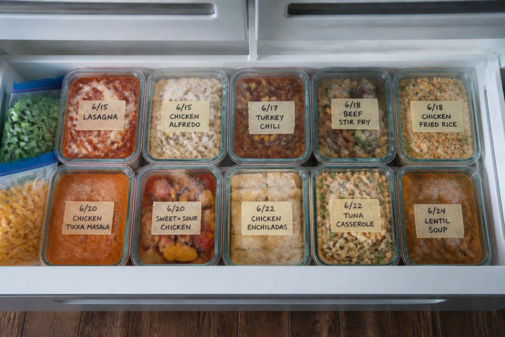 Overhead view of neatly organized glass meal prep containers in an open freezer, each labeled with masking tape showing dates and dish names, colorful cooked meals visible through lids, cool LED lighting
