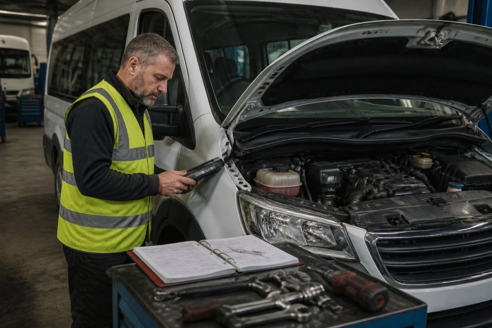 Professional technician in high-visibility clothing examining a minibus engine bay with diagnostic tools and service records visible on a workbench beside the vehicle