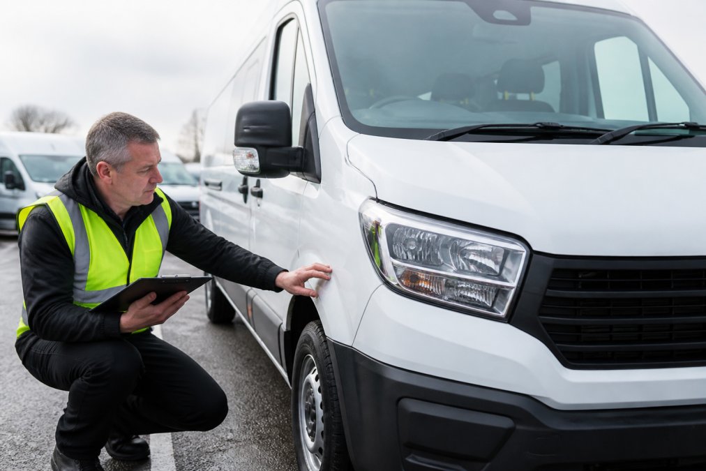 DVSA vehicle inspector in high-visibility vest conducting a systematic safety inspection of a minibus exterior, checking lights and structural components with clipboard and diagnostic equipment visible
