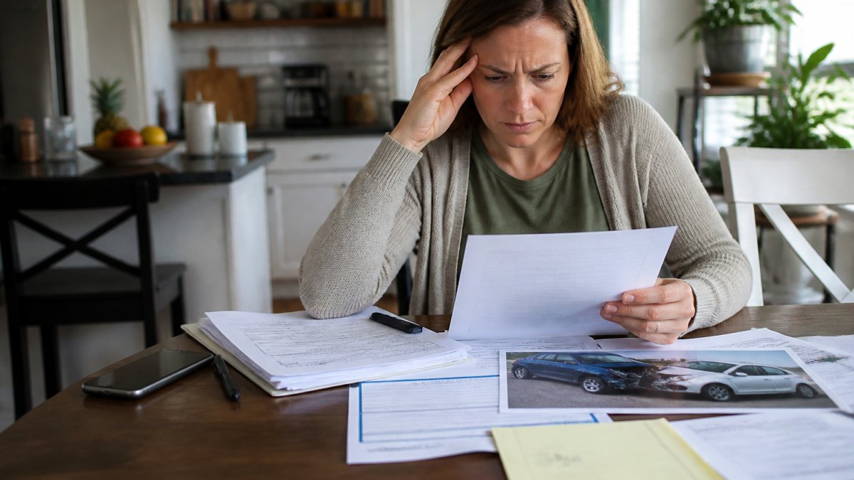 A person sitting at a kitchen table reviewing insurance paperwork and a crash report, with a phone and pen nearby, looking focused and slightly stressed