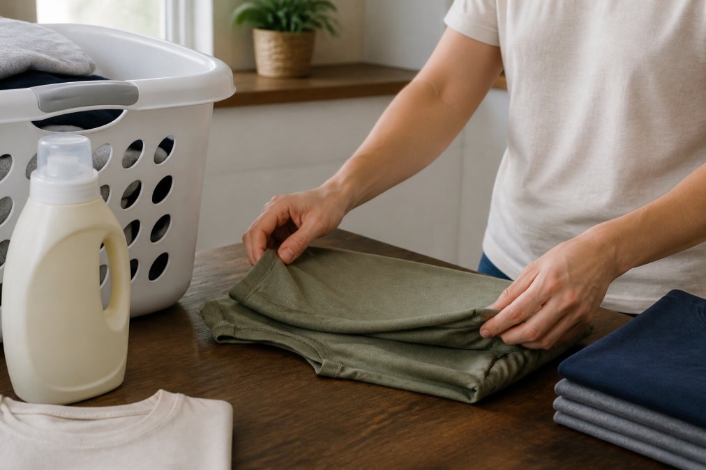 Close-up of hands folding a printed t-shirt next to a laundry basket and a bottle of gentle detergent on a wooden table, soft window light