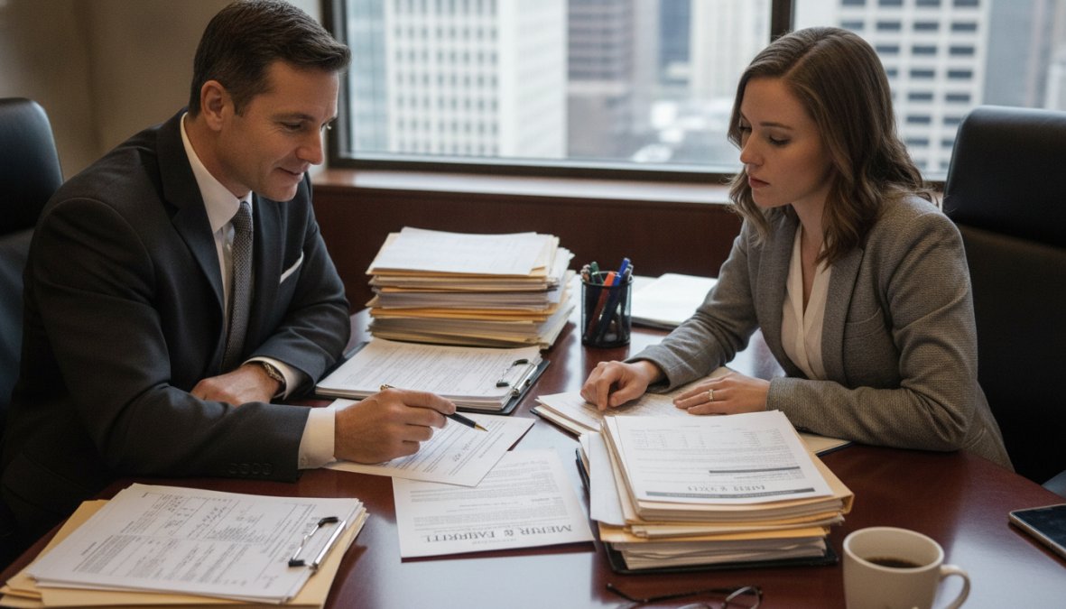 Professional illustration showing lawyer and client and reviewing concepts for personal injury cases take