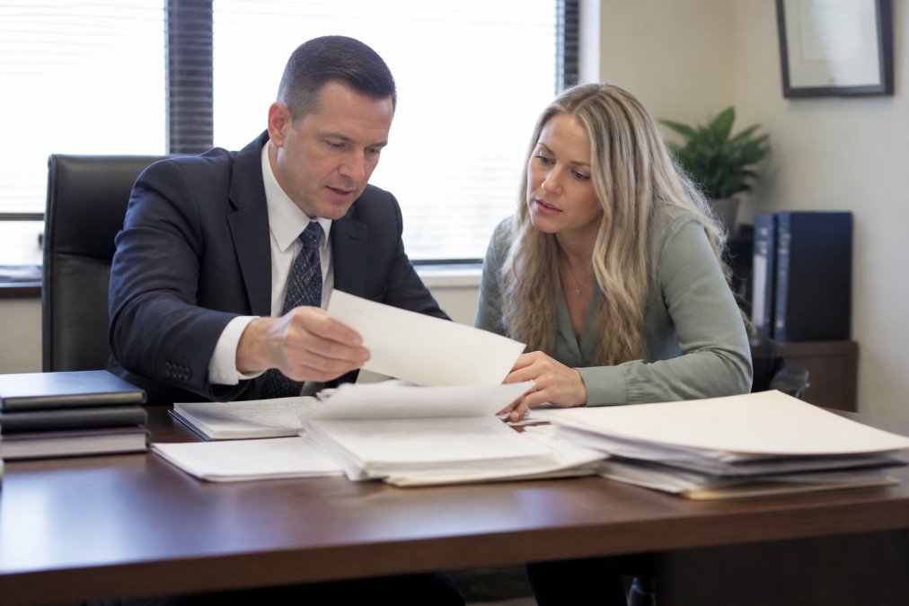 Personal injury attorney and client reviewing medical records and legal documents together at a professional desk in a modern law office with natural lighting
