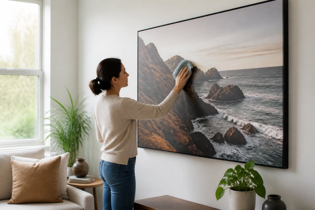 A person using a soft, dry microfiber cloth to gently dust a large framed canvas print hanging on a bright living room wall, with natural light coming from a nearby window