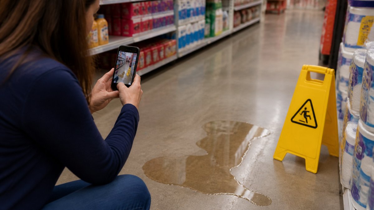 Person documenting a wet floor hazard in a retail store with smartphone camera, showing immediate incident documentation and time-stamped photos