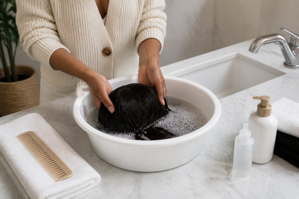 A woman gently washing a human hair wig in a basin of lukewarm water with mild shampoo, hands cradling the wig, soft bathroom lighting