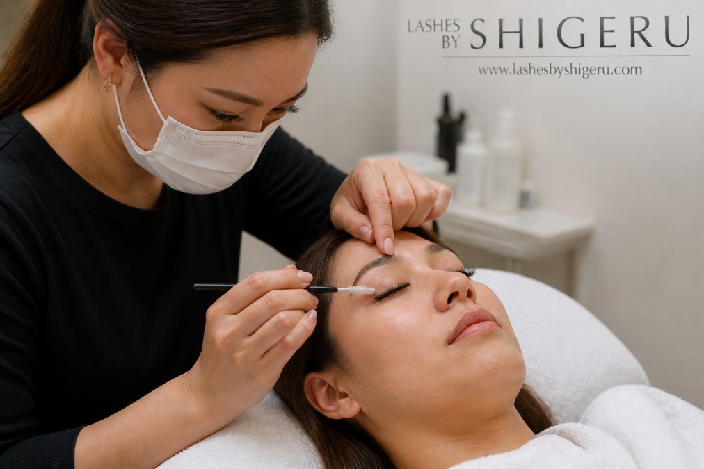 Professional demonstrating gentle cleansing technique with soft lash brush and specialized cleanser on natural lash extensions, hands positioned carefully at lash line
