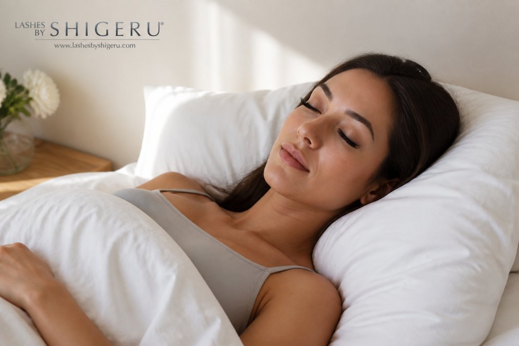 Person sleeping peacefully on their back on a white pillow with proper sleeping position to protect lash extensions, soft morning light visible