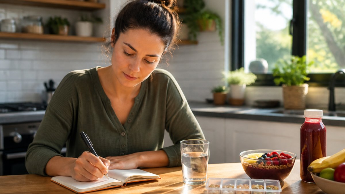 A woman in a bright kitchen writing notes in a small symptom journal next to a glass of water and a daily pill organizer, morning light through the window