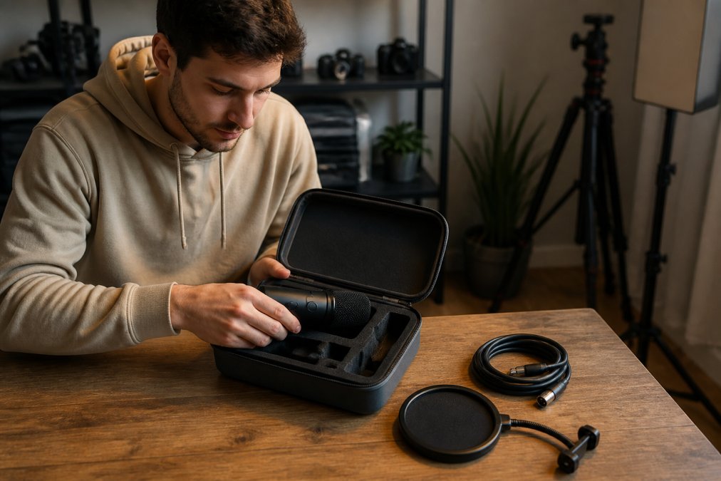 A streamer placing a USB condenser microphone into a padded storage case on a desk, with a pop filter and XLR cable neatly coiled beside it