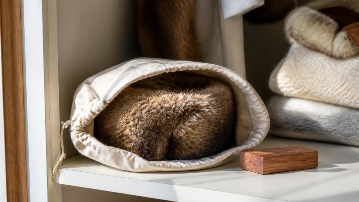 A real fur hat resting inside a breathable cotton storage bag on a closet shelf, with a cedar block nearby and soft natural light coming from the side