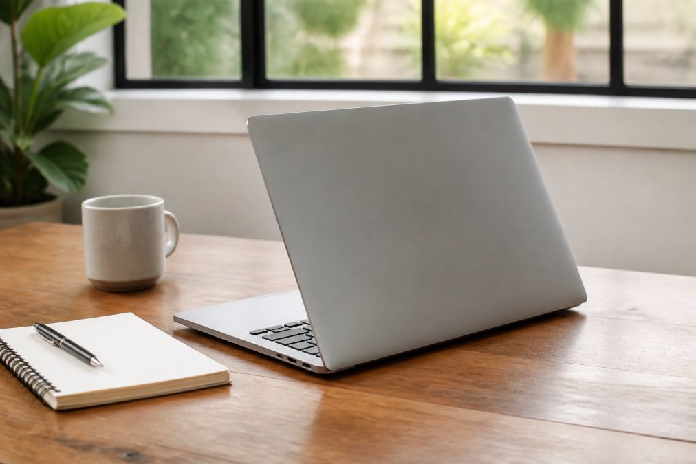 A clean, well-lit workspace with a modern refurbished laptop open on a desk, a notebook and coffee mug nearby, suggesting productive daily use