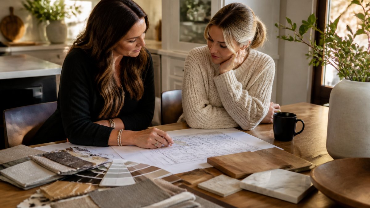 A homeowner and interior designer reviewing blueprints and material samples at a kitchen table, with a laptop showing a project schedule nearby, warm afternoon light through the window