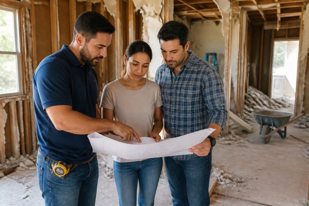 Homeowners meeting with a contractor holding blueprints and discussing project timeline at a construction site with demolition and site preparation visible in the background