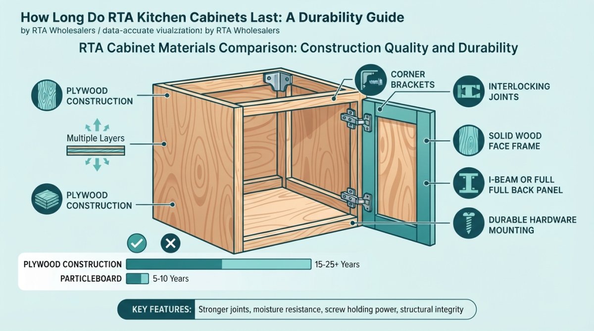 Close-up of cabinet interior showing plywood construction with visible wood grain, dovetail drawer joinery, and metal soft-close hardware mounted on the side panel