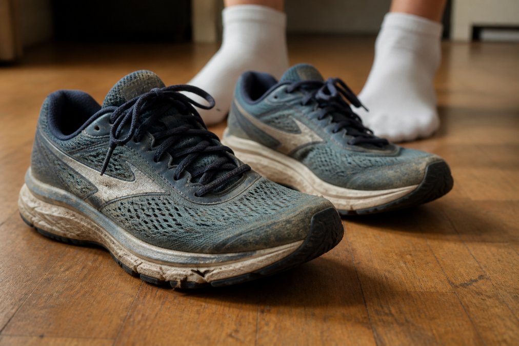 Close-up of a pair of well-used running trainers on a wooden floor, showing visible creasing in the midsole and scuffed tread, with a runner's feet just visible in the background