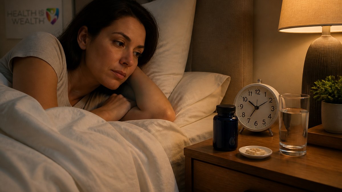 Person in bed checking the time on a bedside clock near a glass of water and a bottle of supplements