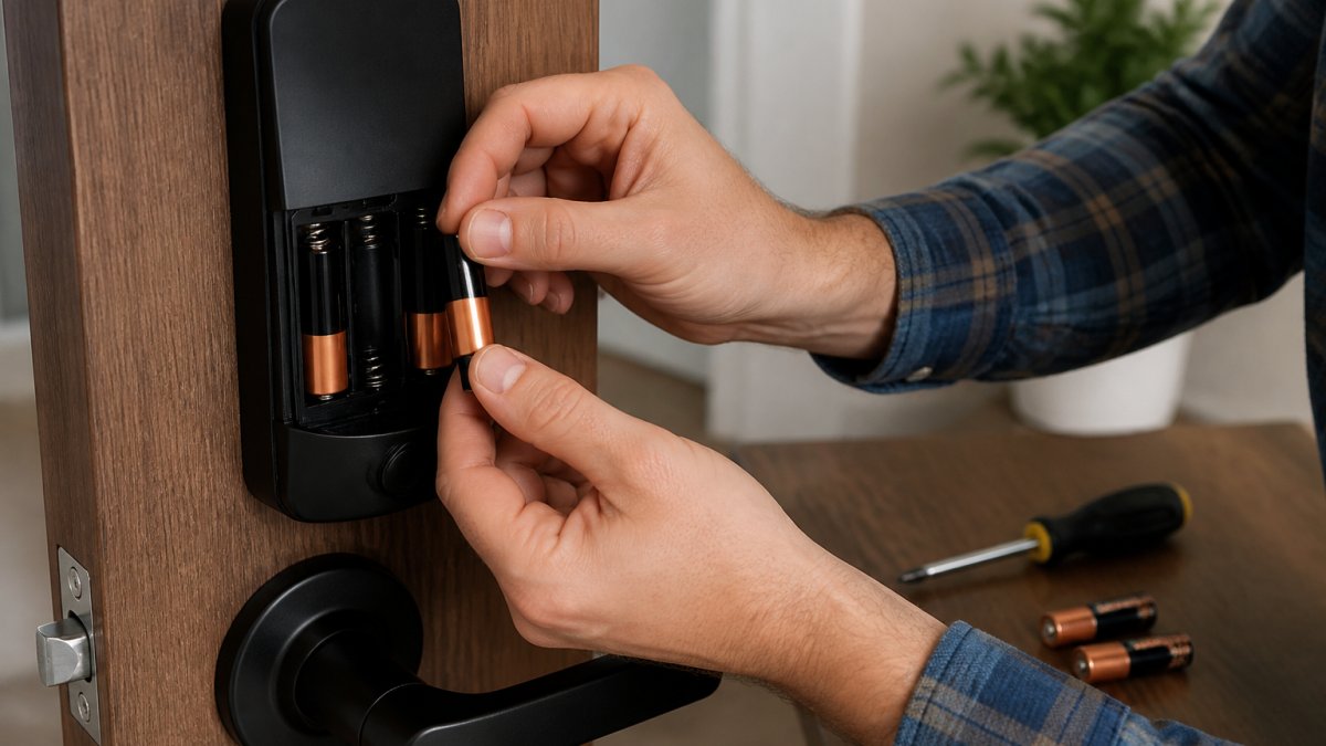 Step-by-step guide for replacing smart lock batteries in an interior door panel using a screwdriver