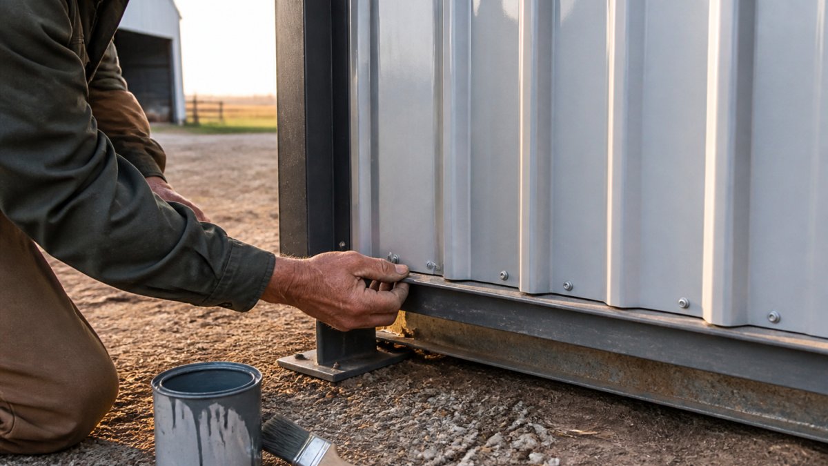 A farmer in work clothes inspecting the lower edge of a galvanized steel wall panel on an agricultural shed, with a paint touch-up can and brush nearby, showing the base of the wall and fasteners in close detail
