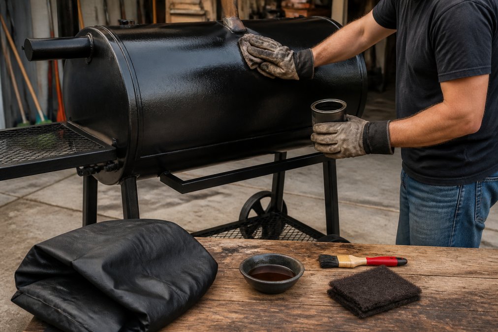 Applying high-heat oil to a heavy-gauge steel smoker to help steel smokers last longer against rust.