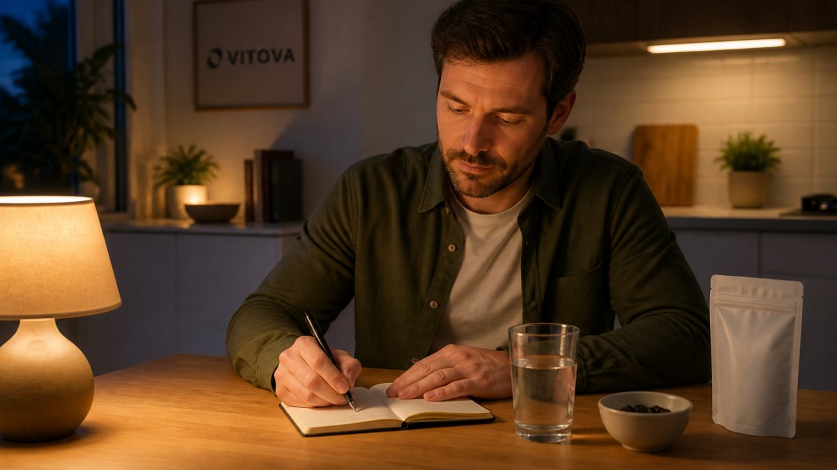 A person in their thirties sitting at a kitchen table in the evening, writing brief notes in a small notebook beside a glass of water and a pouch of gummy supplements, warm lamp light, calm and unhurried mood