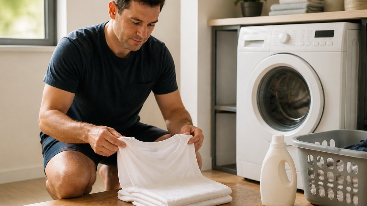 A person carefully folding a white undershirt next to a washing machine in a bright laundry room, with a laundry basket and detergent bottle nearby