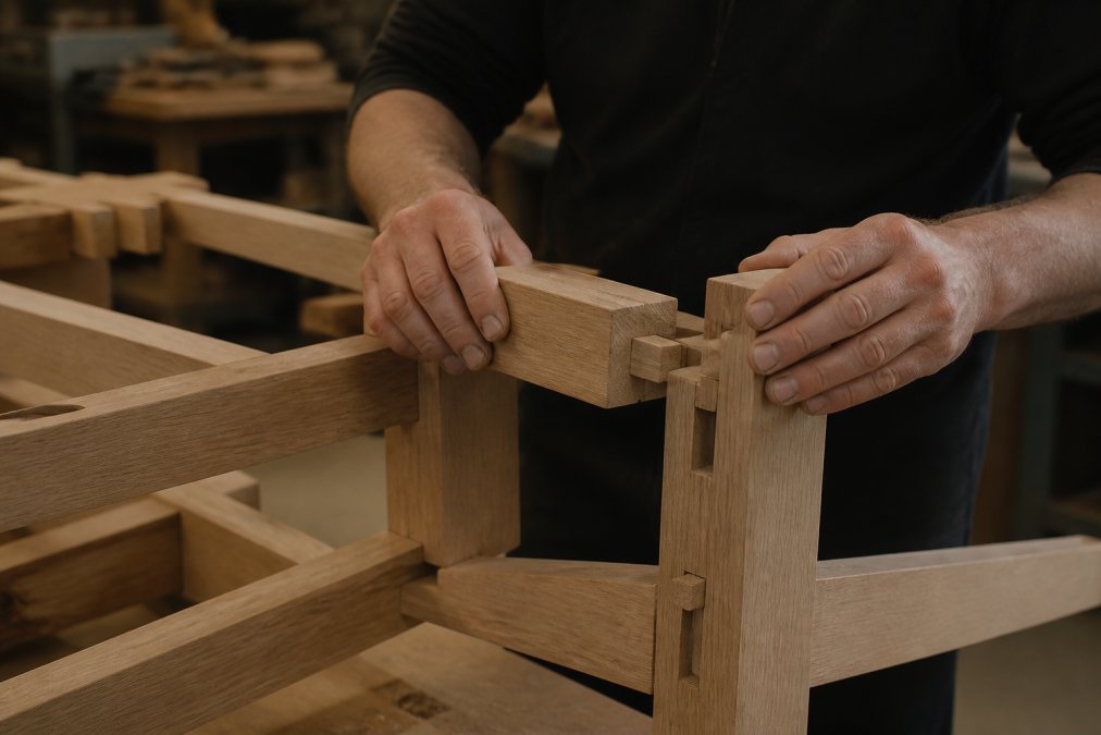 Professional craftsperson carefully assembling hardwood sofa frame using traditional mortise and tenon joinery, hands working with wooden joints under workshop lighting