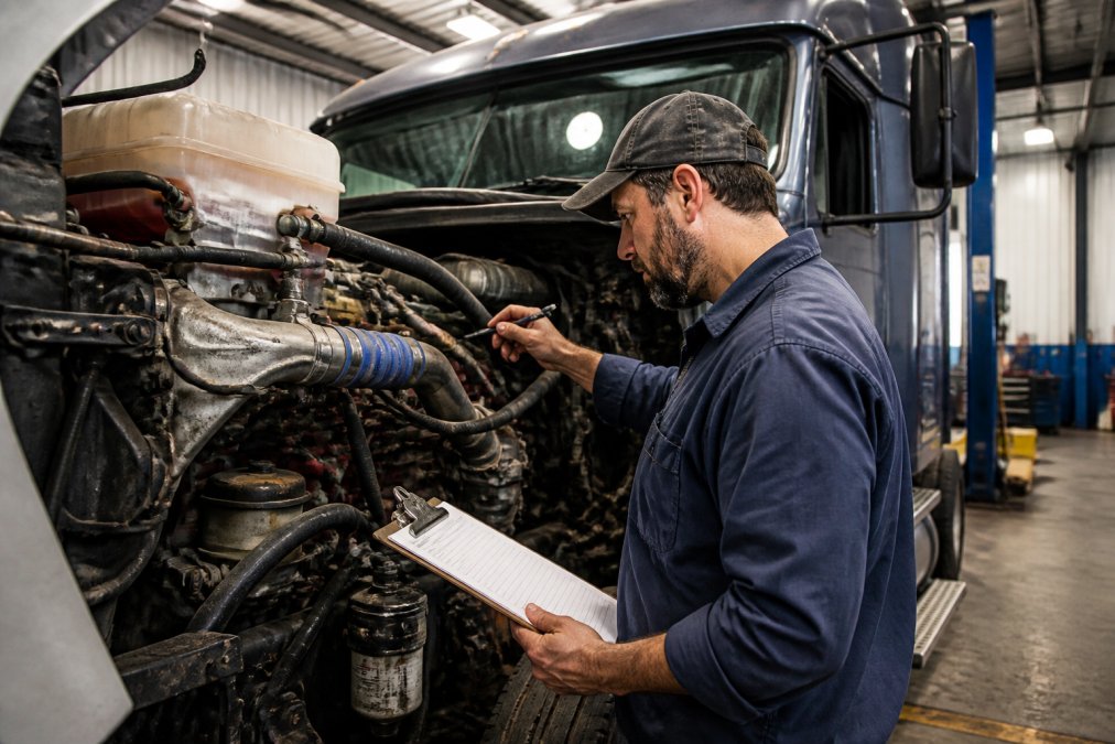 A mechanic in work clothes inspecting the engine bay of a used Class 8 semi-truck in a service bay, holding a clipboard with an inspection form, bright overhead lighting