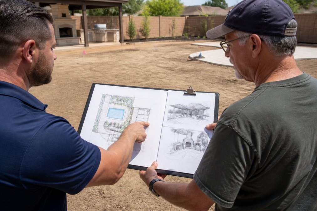 A homeowner and contractor reviewing backyard renovation plans and sketches on a clipboard outdoors, with the backyard visible in the background showing the existing landscape and project area