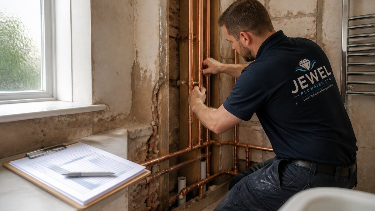 A plumber in work clothes fitting copper pipework in a bathroom stripped back to plaster, with a clipboard and printed schedule resting on a nearby windowsill, daylight from a side window
