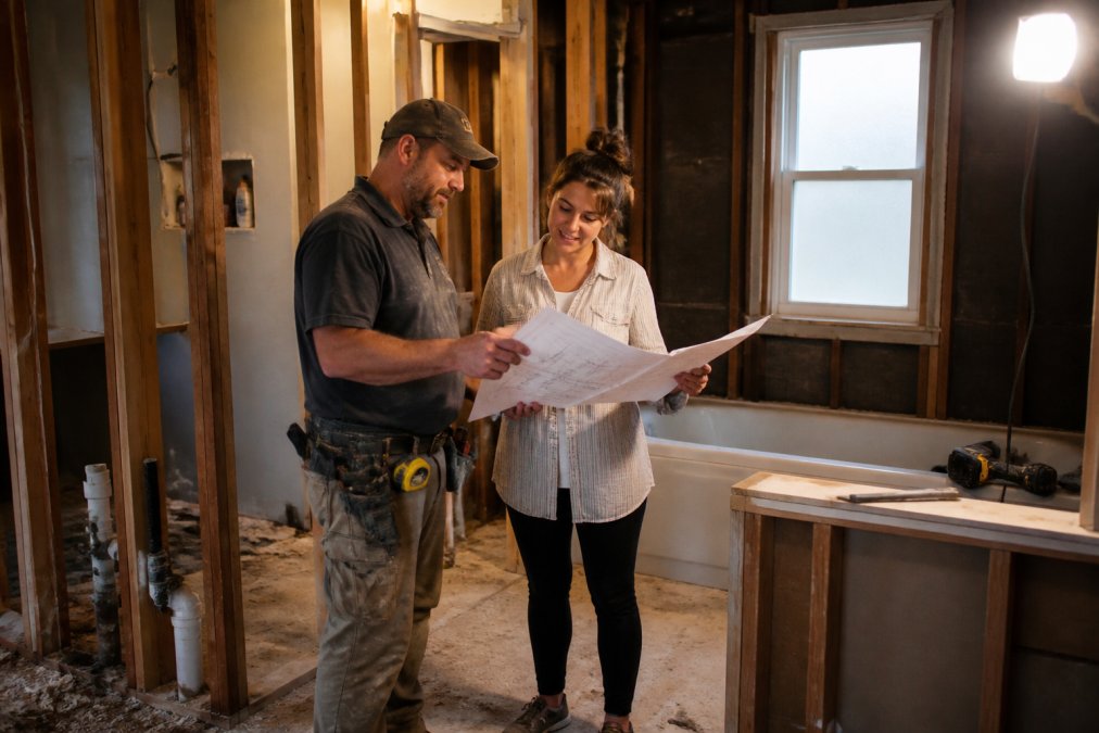 A contractor in work clothes reviewing blueprints with a homeowner in a partially demolished bathroom, fixtures removed and wall studs exposed under bright work lights