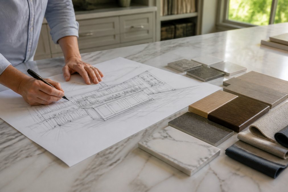 A designer's hand sketching a kitchen layout on a large sheet of paper, with material samples in wood and stone arranged nearby on a bright studio table
