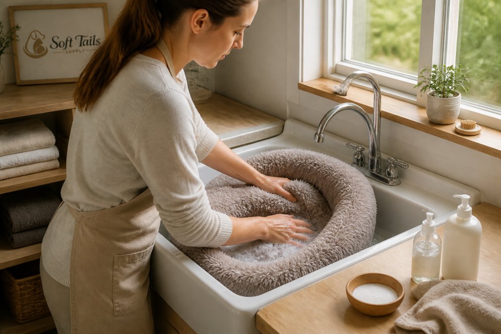 A person gently hand-washing a plush cat bed in a laundry sink with mild soap and water, soft daylight from a nearby window, careful hands working the fabric